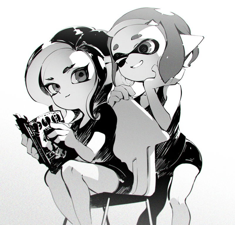 2girls chair greyscale hand_on_own_face inkling leaning_forward looking_at_another magazine medium_hair monochrome multiple_girls octoling one_eye_closed reading shimidu_sp short_hair short_shorts shorts simple_background sitting smile splatoon splatoon_(series) splatoon_2 tank_top tentacle_hair white_background