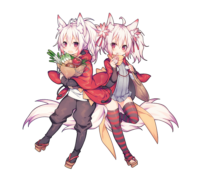 2girls animal_ear_fluff animal_ears bag black_pants brown_footwear character_request eating flower food geta grey_shirt grin grocery_bag hair_flower hair_ornament hair_ribbon holding holding_food hood hood_down hooded_jacket jacket kai-ri-sei_million_arthur looking_at_viewer million_arthur_(series) multiple_girls object_hug open_clothes open_jacket pants paper_bag pink_flower ponytail puffy_pants red_jacket red_ribbon ribbon shirt shopping_bag simple_background smile striped striped_legwear tail thigh-highs tomato twintails utm white_background white_hair white_shirt