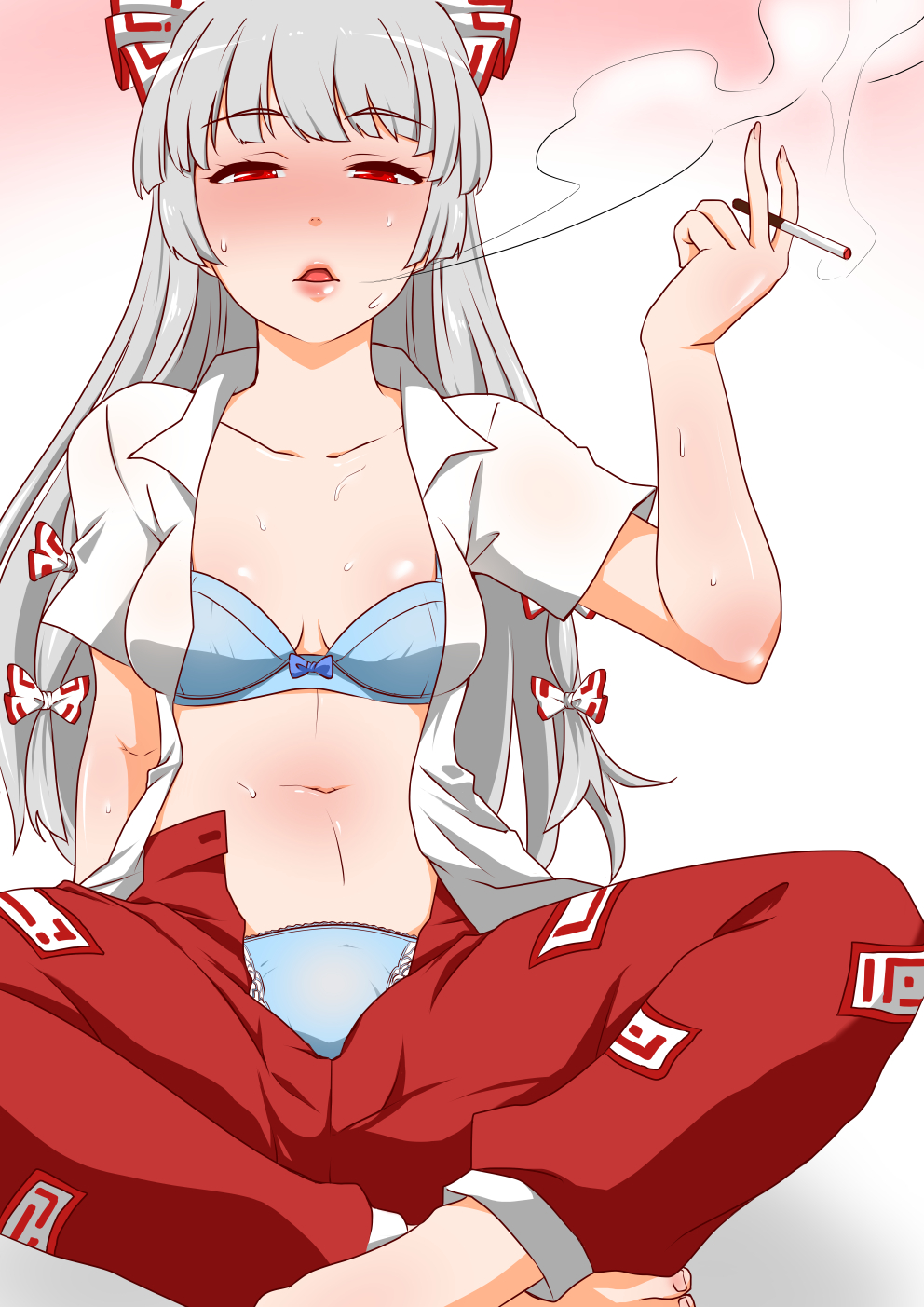 1girl barefoot blue_bra blue_panties blush bow bow_bra bra breasts cigarette cleavage collarbone commentary_request eyebrows_visible_through_hair fujiwara_no_mokou gradient gradient_background hair_ribbon highres lace lace-trimmed_panties legs_crossed long_hair looking_at_viewer medium_breasts navel open_clothes panties pants red_eyes red_pants ribbon shiraue_yuu sitting smoking solo sweat touhou underwear white_hair