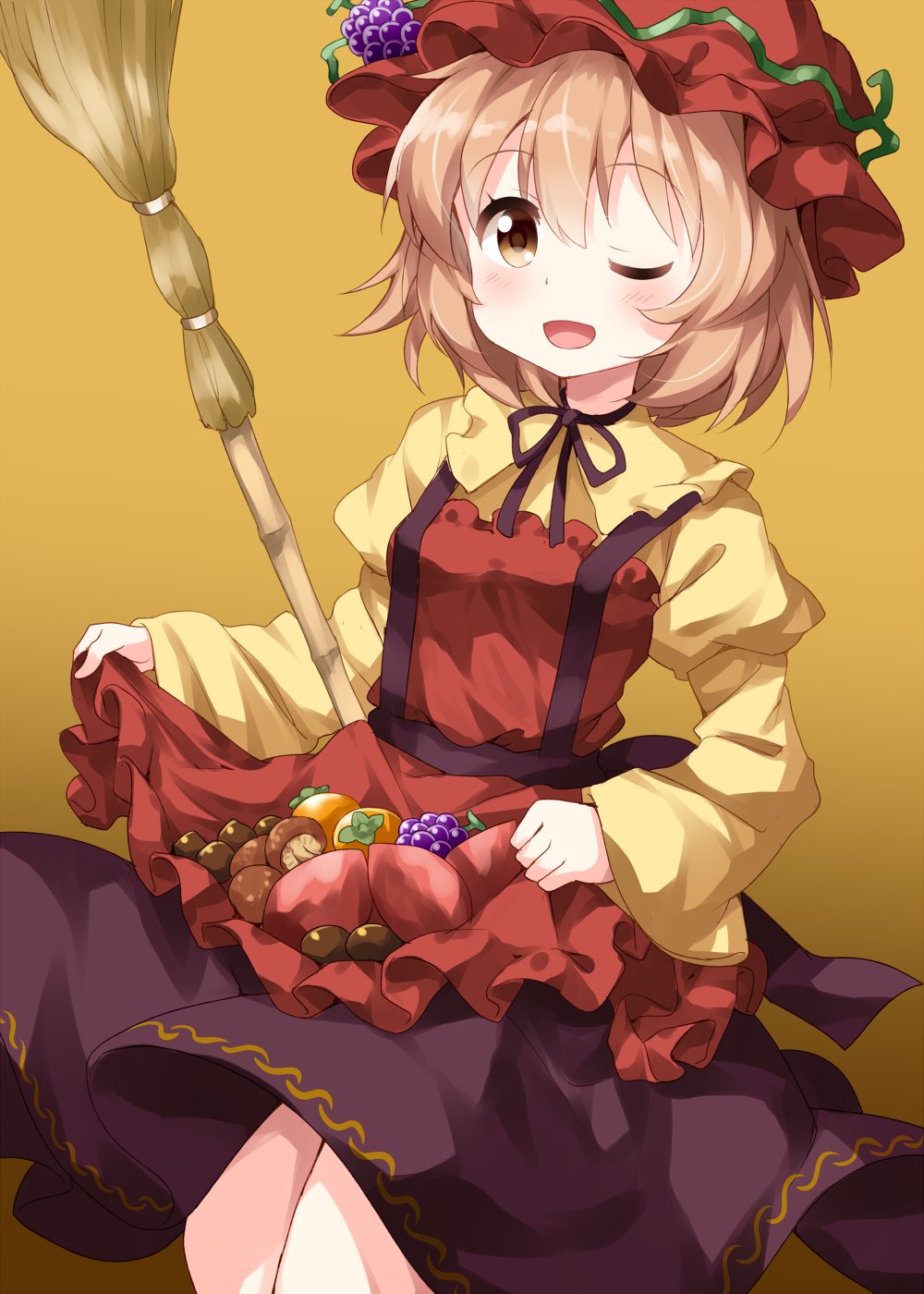 1girl aki_minoriko apron apron_hold black_ribbon black_skirt blonde_hair blouse broom brown_eyes food food_on_clothes food_themed_hair_ornament fruit grape_hair_ornament grapes hair_ornament hat highres long_sleeves mob_cap neck_ribbon one_eye_closed open_mouth puffy_sleeves ribbon ruu_(tksymkw) short_hair skirt smile solo standing touhou yellow_blouse