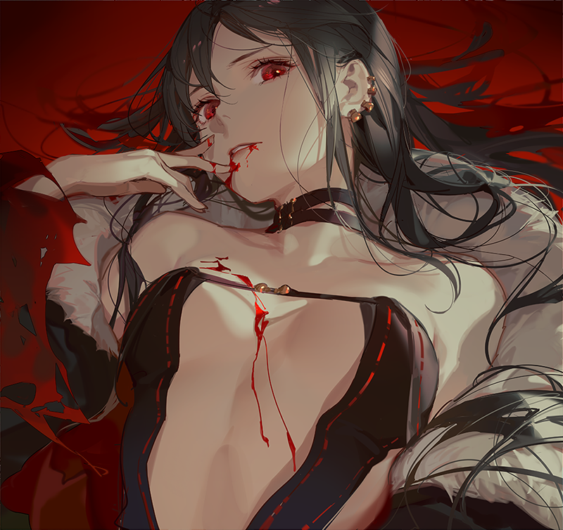 1girl ask_(askzy) blood blood_on_face breasts brown_hair center_opening choker consort_yu_(fate) earrings fate/grand_order fate_(series) fur_collar jewelry long_hair lying on_back red_eyes small_breasts