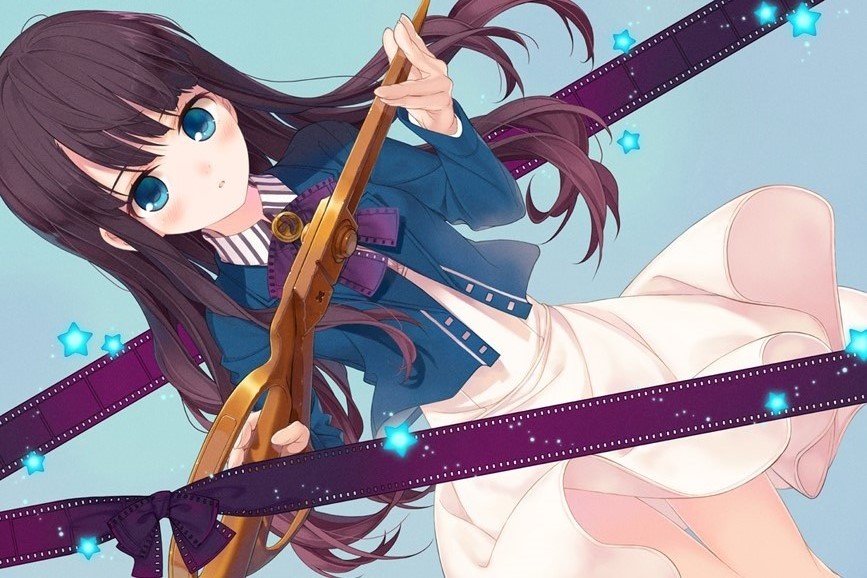 1girl amamiya_chiharu black_hair blue_background blue_eyes dress film_strip long_hair original oversized_object scissors solo star white_dress