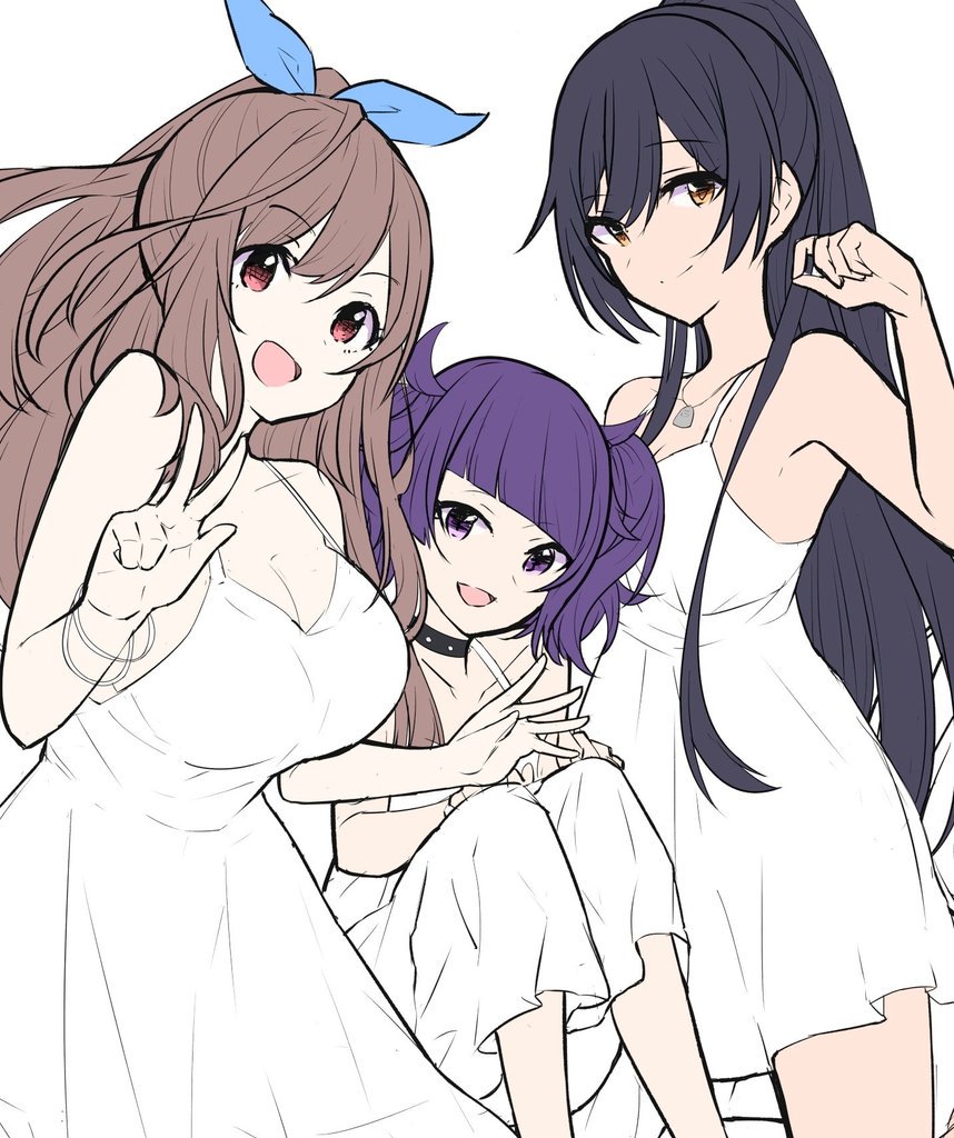 3girls bangs bare_shoulders black_choker black_hair blue_bow blue_ribbon bow bracelet breasts brown_eyes brown_hair choker cleavage commentary_request diagonal_bangs dog_tags dress eyebrows_visible_through_hair facing_viewer hair_between_eyes hair_bow hair_ribbon hanetsuka high_ponytail idolmaster idolmaster_shiny_colors jewelry large_breasts looking_at_viewer multiple_girls necklace open_mouth ponytail purple_hair ribbon shirase_sakuya short_twintails smile spiked_choker spikes swept_bangs tanaka_mamimi tsukioka_kogane twintails v violet_eyes white_dress work_in_progress yellow_eyes