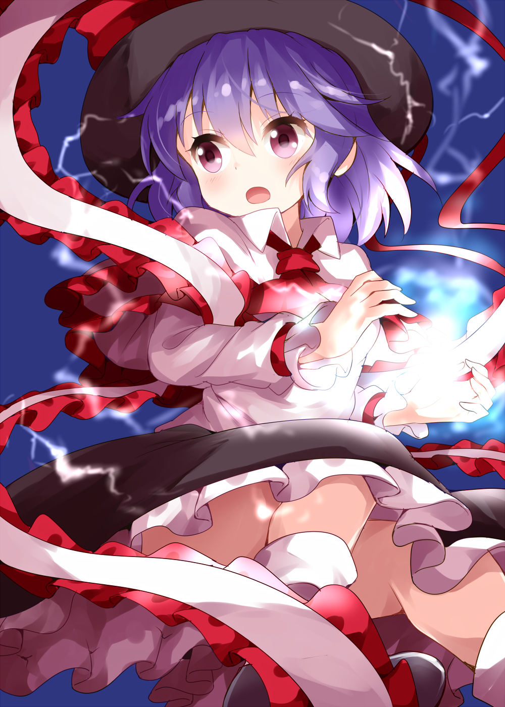 1girl :o black_skirt blouse blue_hair bow capelet cravat frills hagoromo hat hat_bow hat_ribbon highres lightning long_sleeves nagae_iku neck_ribbon open_mouth purple_hair red_eyes red_neckwear ribbon ruu_(tksymkw) shawl skirt socks solo touhou white_blouse white_legwear