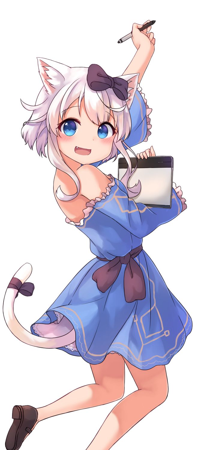 1girl :d animal_ear_fluff animal_ears arm_up armpit_crease bangs bare_legs bare_shoulders black_bow black_footwear black_ribbon blue_dress blue_eyes blush bow breasts cat_ears cat_tail dress fang frilled_dress frills from_side hair_bow highres holding holding_pen legs_up long_sleeves looking_at_viewer looking_to_the_side maka_neko mary_janes off-shoulder_dress off_shoulder open_mouth original pen ribbon shoes short_hair_with_long_locks simple_background small_breasts smile solo tail tareme white_background white_hair wide_sleeves