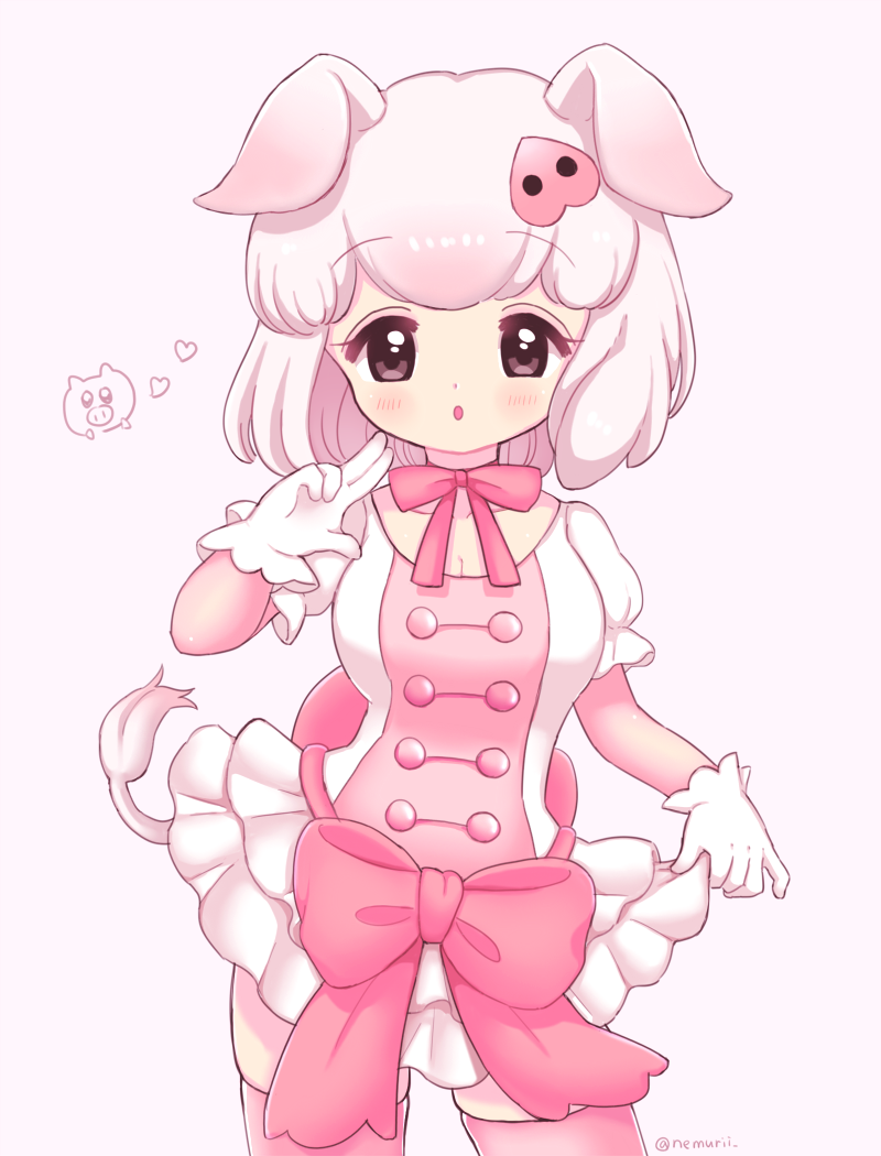 1girl :o animal_ears artist_name bow commentary cowboy_shot double-breasted eyebrows_visible_through_hair gloves hair_ornament hairclip heart kemono_friends looking_at_viewer medium_hair neck_ribbon nemuri_(ppxxxk) pig_(kemono_friends) pig_ears pig_tail pink_bow pink_eyes pink_hair pink_legwear pink_ribbon puffy_short_sleeves puffy_sleeves ribbon short_sleeves simple_background skindentation skirt_hold solo tail thigh-highs twitter_username white_gloves