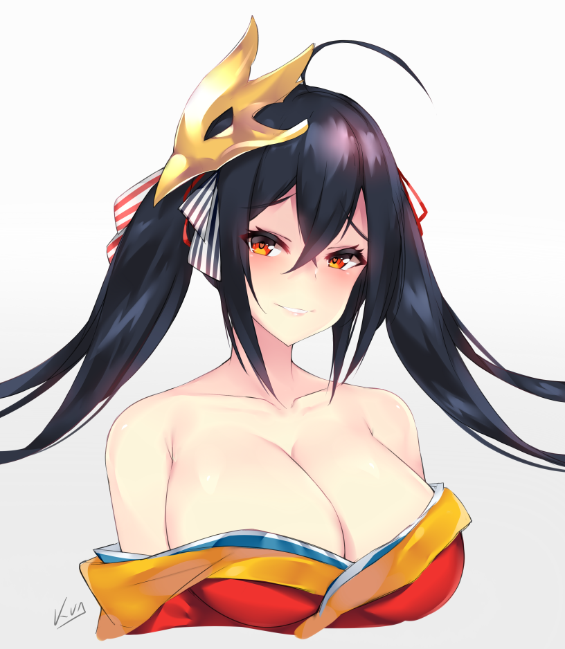 1girl ahoge azur_lane bangs bare_shoulders black_hair blush breasts cleavage crossed_bangs eyebrows_visible_through_hair hair_between_eyes heart heart-shaped_pupils japanese_clothes kimono kuavera large_breasts long_hair looking_at_viewer mask mask_on_head red_eyes red_kimono signature smile solo symbol-shaped_pupils taihou_(azur_lane) twintails upper_body very_long_hair