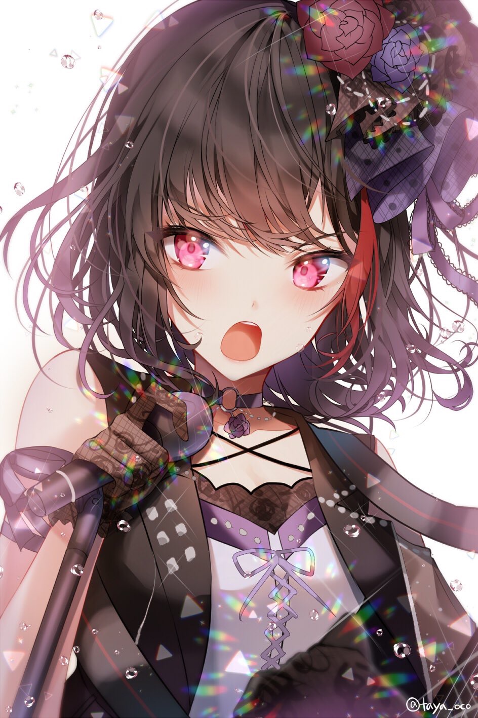 1girl arm_ribbon bang_dream! bangs black_gloves black_hair blush bob_cut breasts choker corset cropped_jacket eyebrows_visible_through_hair floating_hair flower glint gloves hair_flower hair_ornament highres holding holding_microphone jacket jewelry light_particles looking_at_viewer microphone mitake_ran multicolored_hair music open_clothes open_jacket open_mouth red_eyes redhead ribbon short_hair sidelocks singing sleeveless_jacket solo sparkle streaked_hair sweat taya_5323203 twitter_username