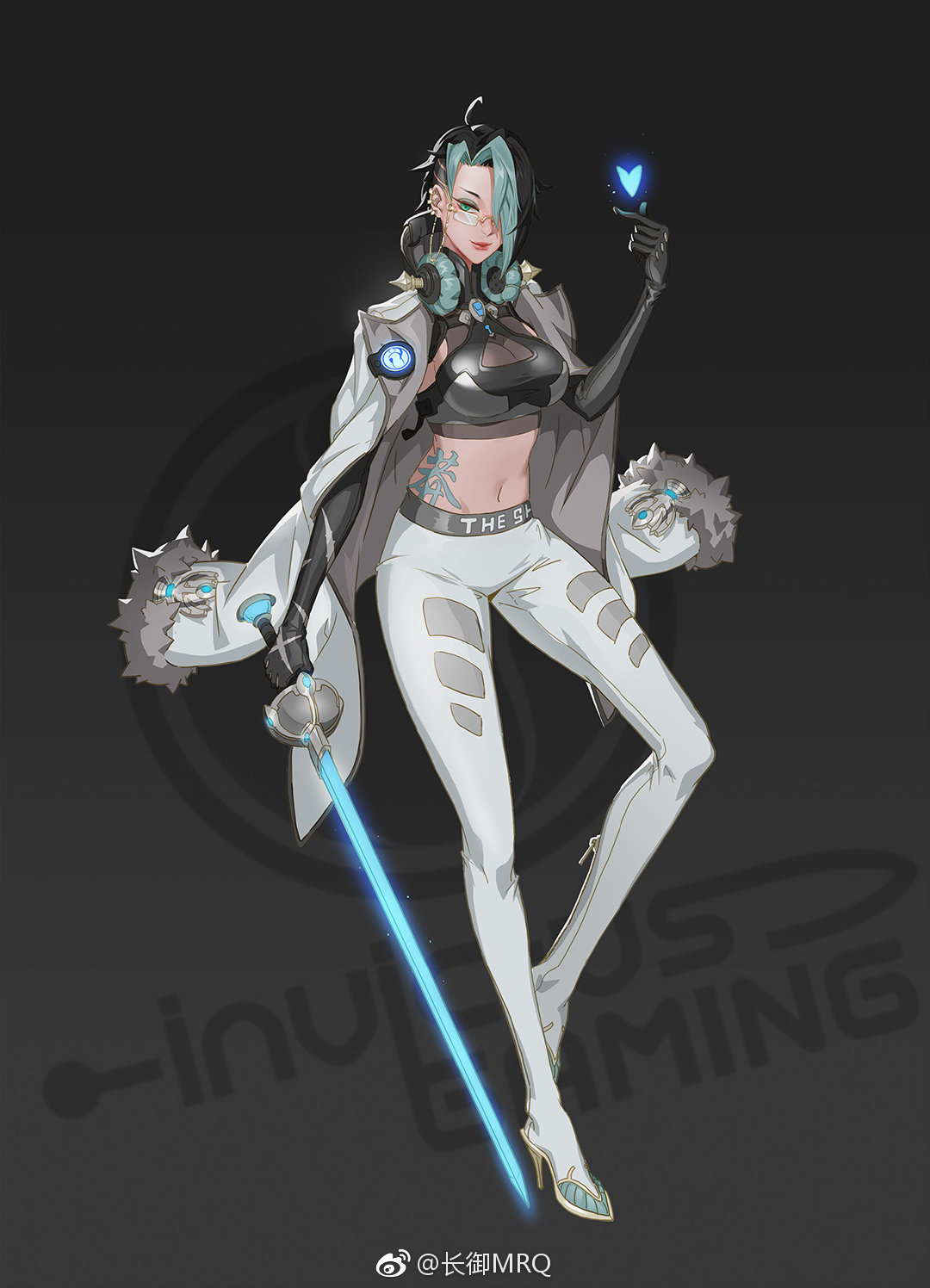 artist_name character_name cloak elbow_gloves fiora_laurent glasses gloves headphones headphones_around_neck highres league_of_legends league_of_legends_world_championship mrq rapier summoner's_cup sword theshy_(gamer) weapon