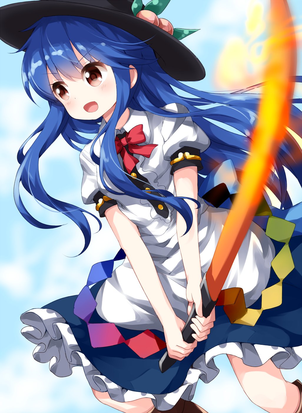 1girl :d apron bangs black_hat blouse blue_hair blue_skirt bow bowtie brown_footwear buttons dress_shirt feet_out_of_frame food frills fruit hat highres hinanawi_tenshi keystone leaf long_hair looking_afar open_mouth peach puffy_short_sleeves puffy_sleeves rainbow_gradient rainbow_order red_bow red_eyes ruu_(tksymkw) shirt shoes short_sleeves skirt sky smile sword sword_of_hisou touhou very_long_hair weapon white_shirt wing_collar