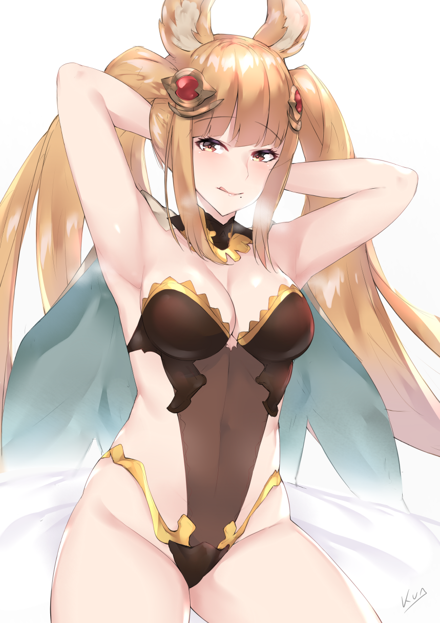 1girl :q animal_ears armpits arms_up breasts brown_hair erune fate_(series) granblue_fantasy heart heart-shaped_pupils highres kuavera looking_at_viewer metera_(granblue_fantasy) mole mole_under_mouth raised_eyebrows simple_background sitting solo symbol-shaped_pupils thighs tongue tongue_out twintails white_background