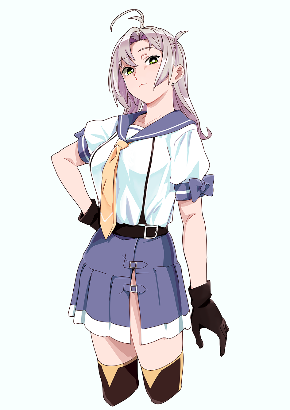 1girl antenna_hair brown_gloves brown_legwear gloves green_eyes grey_hair hair_tie hand_on_hip highres kantai_collection kinugasa_(kantai_collection) necktie ojipon panties purple_sailor_collar purple_skirt remodel_(kantai_collection) sailor_collar school_uniform serafuku side-tie_panties side_ponytail simple_background skirt solo thigh-highs underwear white_background yellow_neckwear