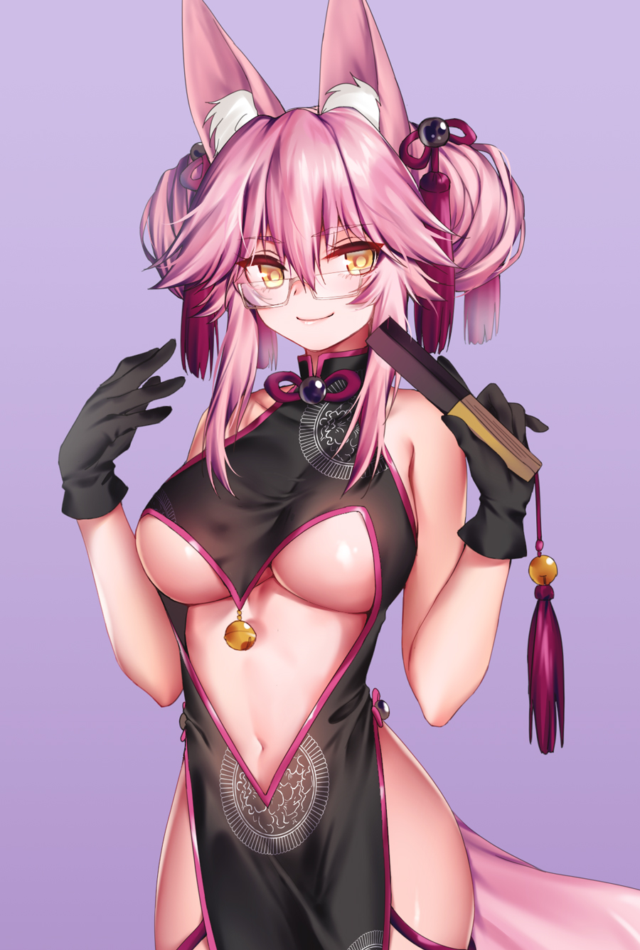 1girl animal_ear_fluff animal_ears bare_shoulders black_gloves breasts center_opening china_dress chinese_clothes choker closed_fan dress earrings eyebrows_visible_through_hair fan fate/grand_order fate_(series) folding_fan fox_ears fox_tail full_body glasses gloves gradient gradient_background hair_between_eyes high_heels highres jewelry koyanskaya large_breasts light_smile long_hair looking_at_viewer navel obiwan pelvic_curtain pink_hair purple_background ribbon_choker shiny shiny_skin side_slit sidelocks smile solo tail tamamo_(fate)_(all) under_boob very_long_hair yellow_eyes