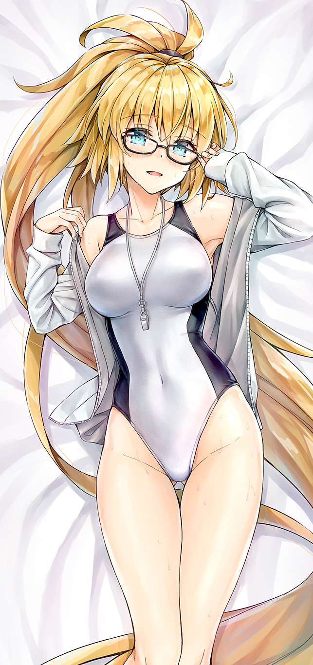 1girl adjusting_eyewear ass_visible_through_thighs bangs bare_shoulders bed_sheet black-framed_eyewear blonde_hair blue_eyes blush breasts collarbone commentary_request competition_swimsuit covered_navel dakimakura eyebrows_visible_through_hair fate/grand_order fate_(series) fingernails glasses highres jacket jeanne_d'arc_(fate)_(all) jeanne_d'arc_(swimsuit_archer) kotatsu_(kotatsu358) long_hair long_sleeves looking_at_viewer lying medium_breasts on_back one-piece_swimsuit open_clothes open_jacket open_mouth ponytail shiny shiny_hair sleeves_past_wrists smile sweat sweatdrop swimsuit very_long_hair whistle whistle_around_neck