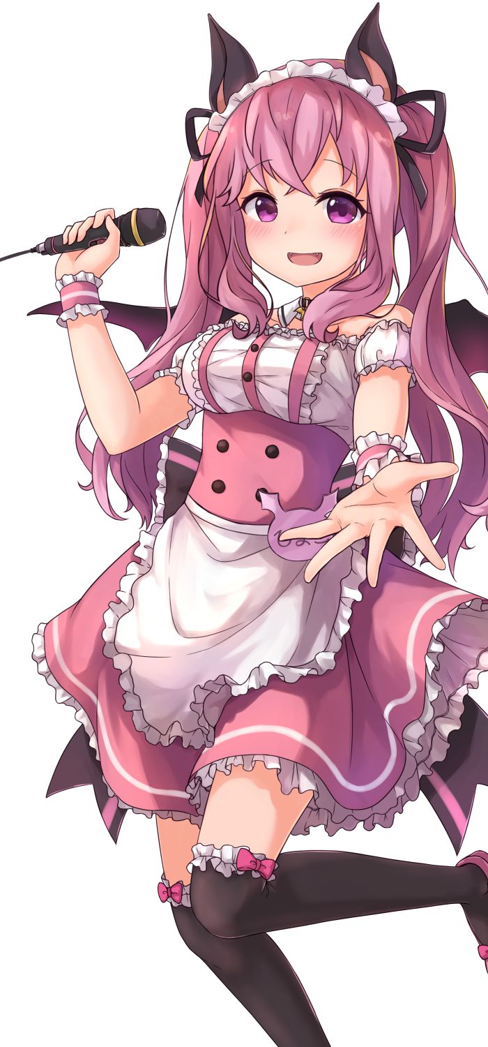1girl :d animal_ears animare apron bangs bare_shoulders black_bow black_legwear black_ribbon blush bow breasts collarbone commentary_request detached_collar detached_sleeves eyebrows_visible_through_hair fangs frilled_shirt frilled_skirt frills hair_ribbon hand_up highres holding holding_microphone leg_up long_hair looking_at_viewer maid maid_apron maid_headdress maka_neko medium_breasts microphone miniskirt open_mouth outstretched_hand pink_hair pink_skirt puffy_short_sleeves puffy_sleeves ribbon shirt short_sleeves sidelocks simple_background skirt smile solo tareme thigh-highs twintails umori_hinako underbust violet_eyes virtual_youtuber white_apron white_background white_shirt wings wrist_cuffs zettai_ryouiki