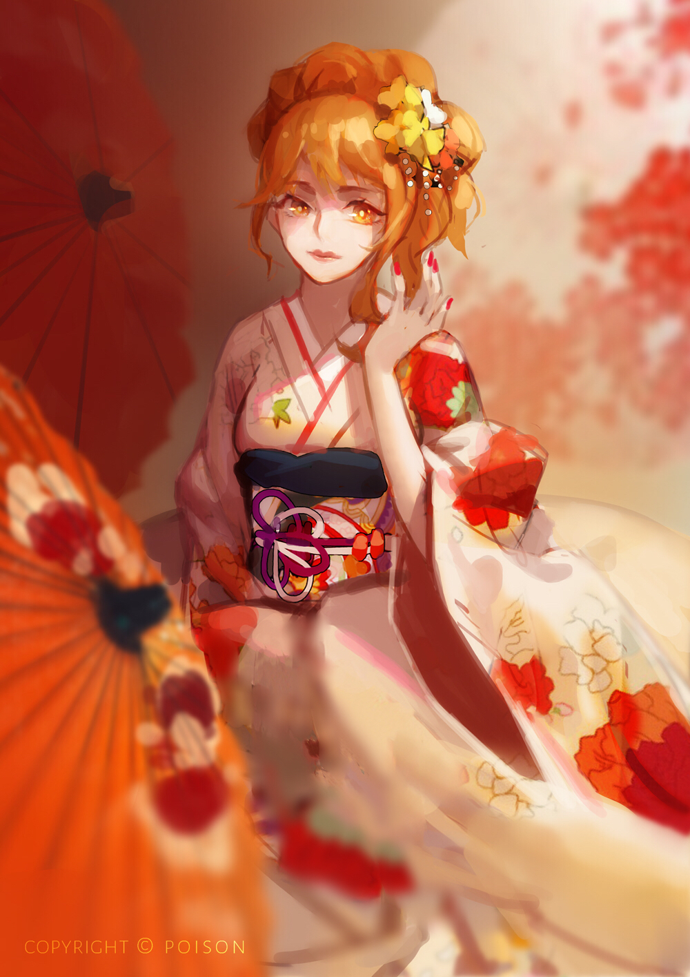 1girl dywx_poison flower hair_flower hair_ornament highres japanese_clothes kimono long_hair nail_polish nami_(one_piece) obi one_piece orange_eyes orange_hair oriental_umbrella red_nails sash solo umbrella wide_sleeves