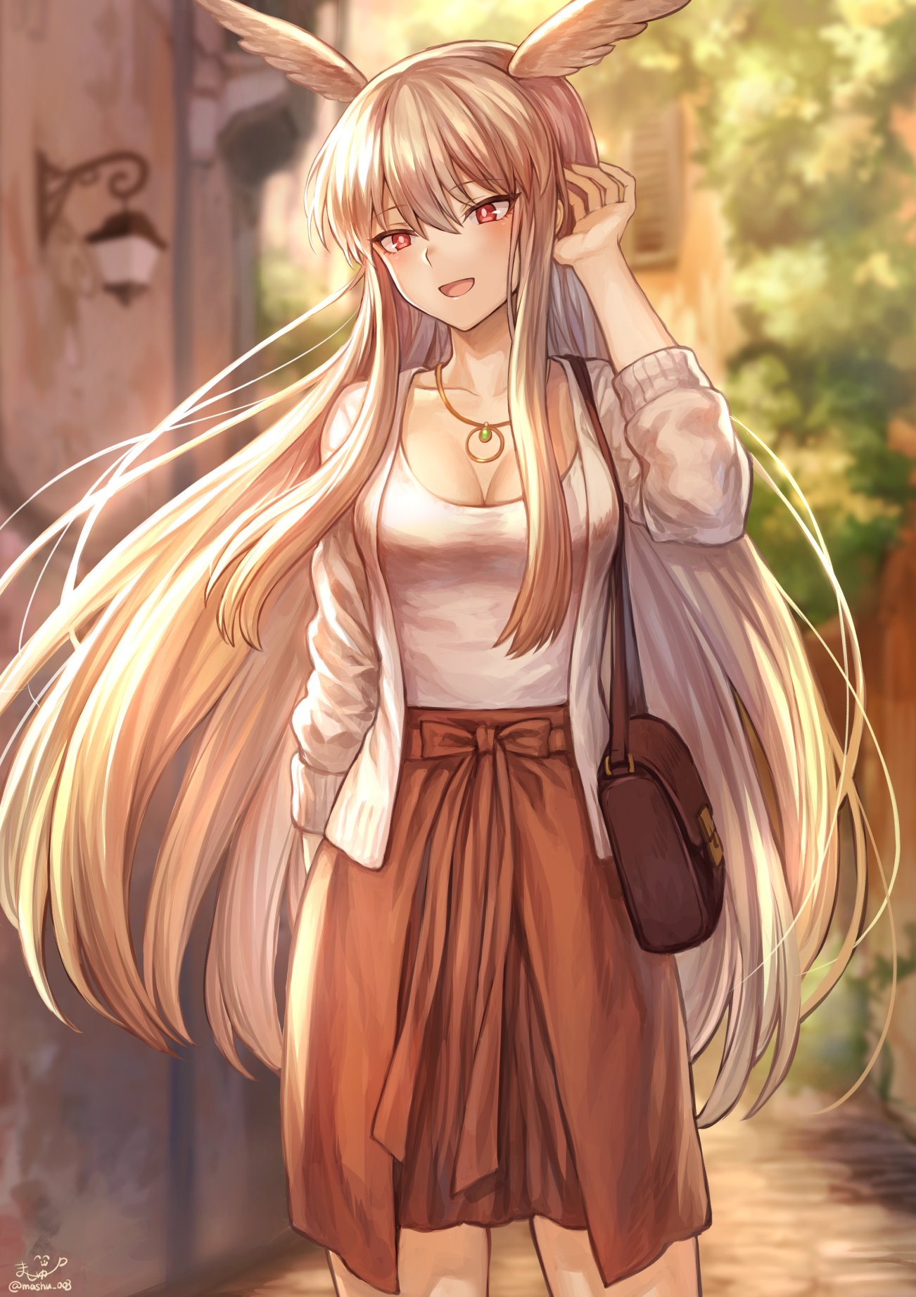 1girl :d adjusting_hair bag bangs blonde_hair blurry blurry_background blush breasts cardigan casual cleavage collarbone day eyebrows_visible_through_hair fate/grand_order fate_(series) hair_between_eyes handbag head_wings highres jewelry large_breasts long_hair mashu_003 open_cardigan open_clothes open_mouth outdoors red_eyes red_skirt shirt sidelocks signature skirt smile solo twitter_username valkyrie_(fate/grand_order) very_long_hair white_cardigan white_shirt