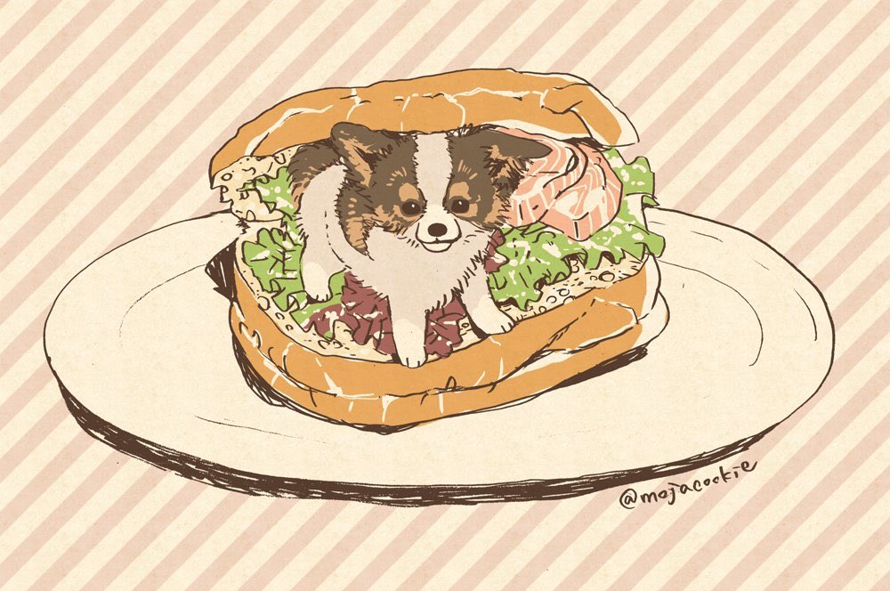 animal_focus black_eyes bread dog food looking_at_viewer mojacookie no_humans original oversized_food plate sandwich sandwiched standing striped striped_background twitter_username vegetable