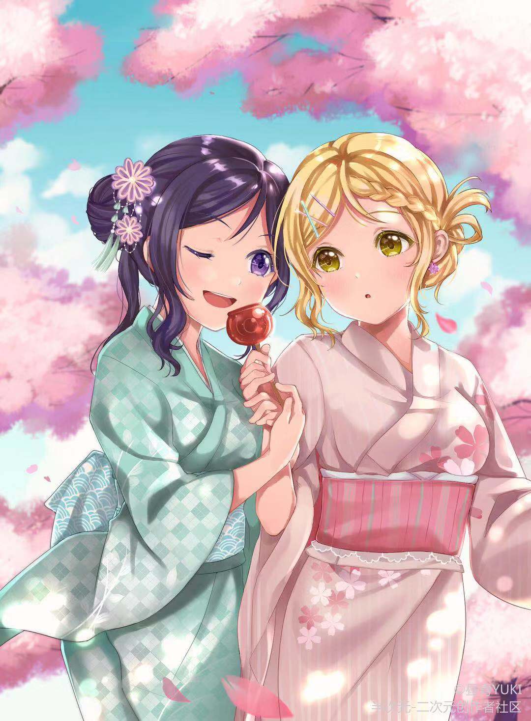 2girls :o ;d alternate_hairstyle aqua_kimono artist_name artist_request blonde_hair blue_hair braid candy_apple cherry_blossoms day earrings flower flower_earrings food hair_bun hair_flower hair_ornament hair_rings hair_up hairpin hand_holding highres japanese_clothes jewelry kimono looking_at_another love_live! love_live!_sunshine!! matsuura_kanan multiple_girls obi ohara_mari one_eye_closed open_mouth outdoors petals pink_kimono sash sidelocks smile tassel violet_eyes watermark wide_sleeves x_hair_ornament