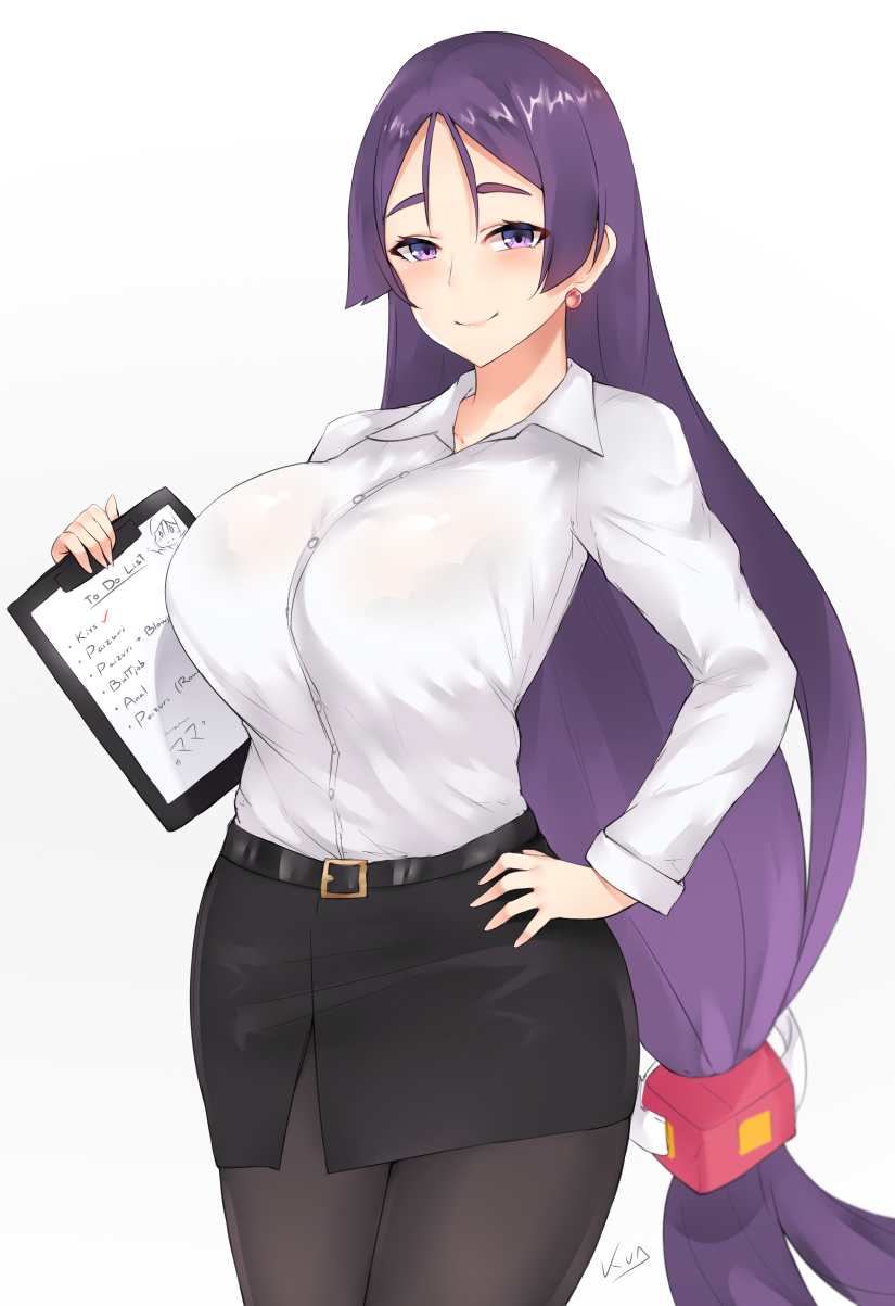 1girl black_bra bra breasts earrings english fate/grand_order fate_(series) formal hand_on_hip highres huge_breasts jewelry kuavera long_hair looking_at_viewer minamoto_no_raikou_(fate/grand_order) pantyhose purple_hair raised_eyebrows see-through simple_background skirt smile solo underwear very_long_hair violet_eyes white_background