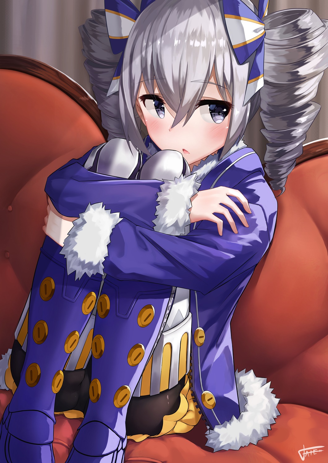 1girl alternate_costume armored_boots bangs blue_coat blue_eyes blue_footwear blush boots bow bronya_zaychik coat couch drill_hair ekusufeito eyebrows_visible_through_hair fur-trimmed_coat fur_trim hair_between_eyes hair_bow hair_ornament highres honkai_impact leg_hug long_hair looking_at_viewer open_clothes open_coat open_mouth sidelocks signature silver_hair sitting solo thigh-highs thigh_boots twin_drills twintails