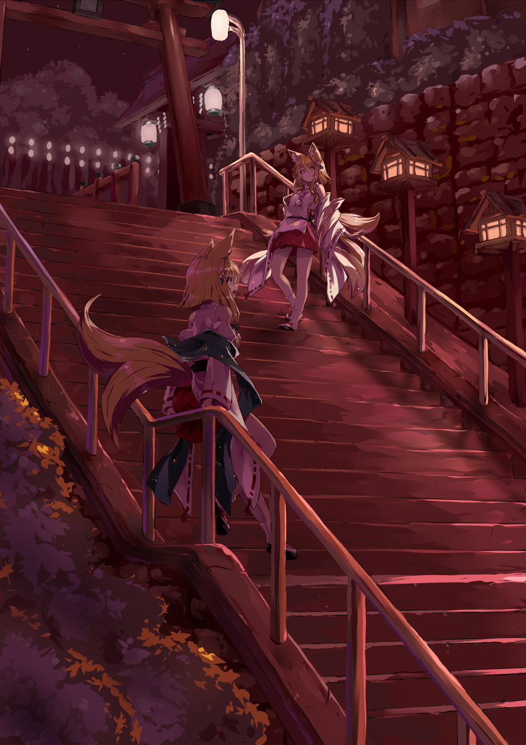 2girls animal_ears blonde_hair bush dark detached_sleeves flower fox_ears fox_tail hair_flower hair_ornament highres japanese_clothes kimono kimono_skirt kitsune lamppost lantern long_sleeves miniskirt multiple_girls multiple_tails night night_sky open_mouth original outdoors railing ramuya_(lamb) red_skirt shawl short_hair_with_long_locks sitting skirt sky socks stairs standing star_(sky) tail torii tree violet_eyes white_legwear wide_sleeves zouri