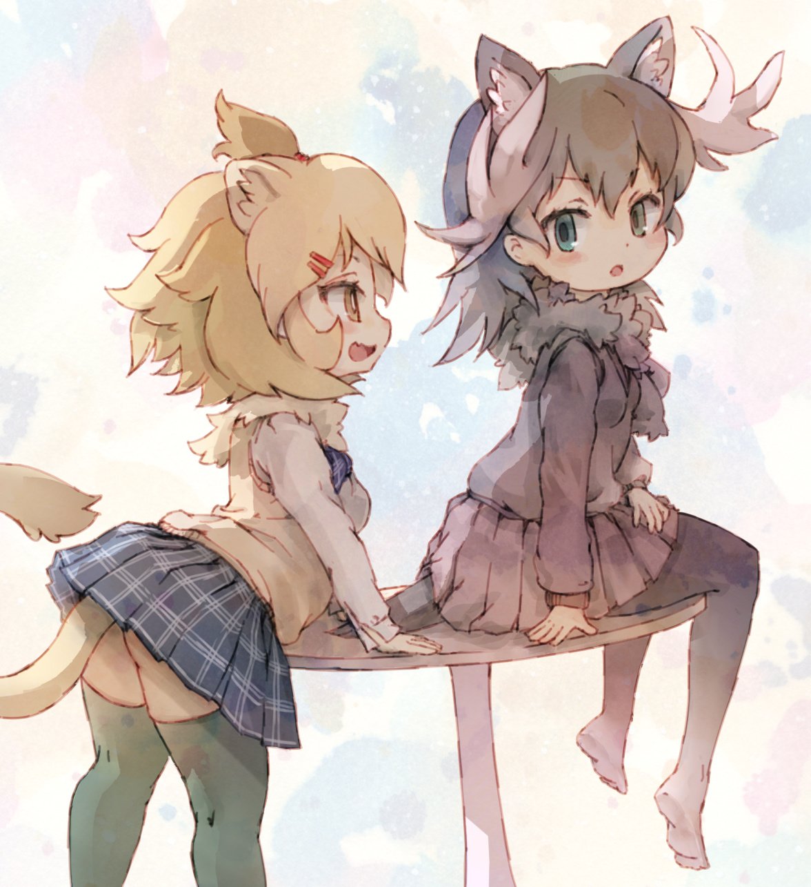 2girls animal_ears antlers aqua_eyes arm_support ass bangs black_hair black_legwear black_skirt blonde_hair blush breasts commentary contemporary dress_shirt eyebrows_visible_through_hair eyelashes fang fur_collar hair_ornament hair_tie hairclip highres kemono_friends kolshica leaning_on_table lion_(kemono_friends) lion_ears lion_tail long_sleeves looking_at_another looking_back moose_(kemono_friends) moose_ears mouse_tail multicolored multicolored_background multicolored_hair multiple_girls on_table open_mouth pantyhose plaid plaid_skirt pleated_skirt round_table school_uniform shirt shoes_removed sitting sitting_on_table skirt small_breasts standing sweater sweater_vest table tail thigh-highs white_hair white_shirt yellow_eyes zettai_ryouiki