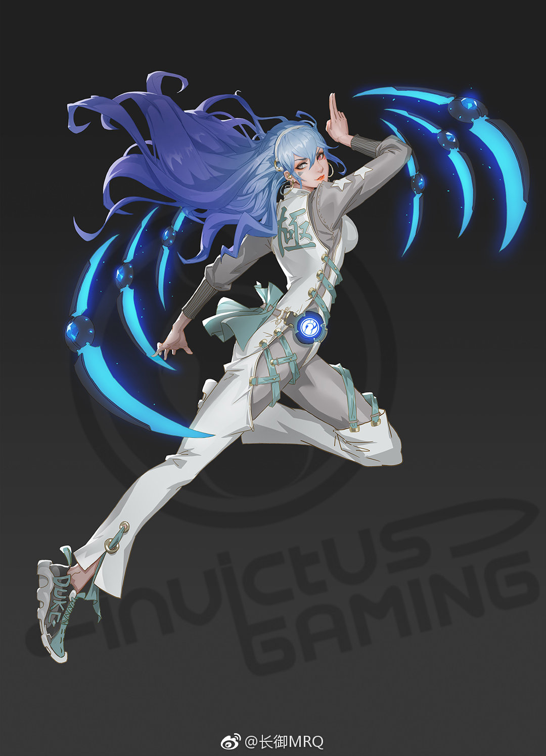 1girl artist_name blade blue_hair character_name duke_(gamer) gradient_hair highres invictus_gaming irelia lace-up league_of_legends league_of_legends_world_championship mrq multicolored_hair ribbon shoes sneakers