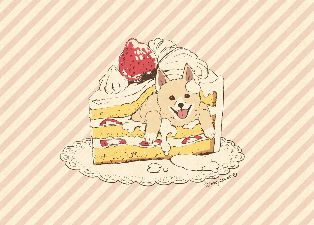 animal_focus black_eyes cake dog food fruit in_food layer_cake looking_at_viewer mojacookie no_humans open_mouth original oversized_food pastry slice_of_cake smile strawberry strawberry_shortcake striped striped_background twitter_username whipped_cream