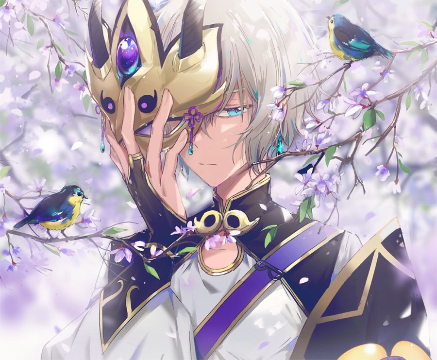 1boy bird blue_eyes dangmill fate/grand_order fate_(series) fingerless_gloves gao_changgong_(fate) gloves male_focus mask mask_removed petals short_hair silver_hair solo tree