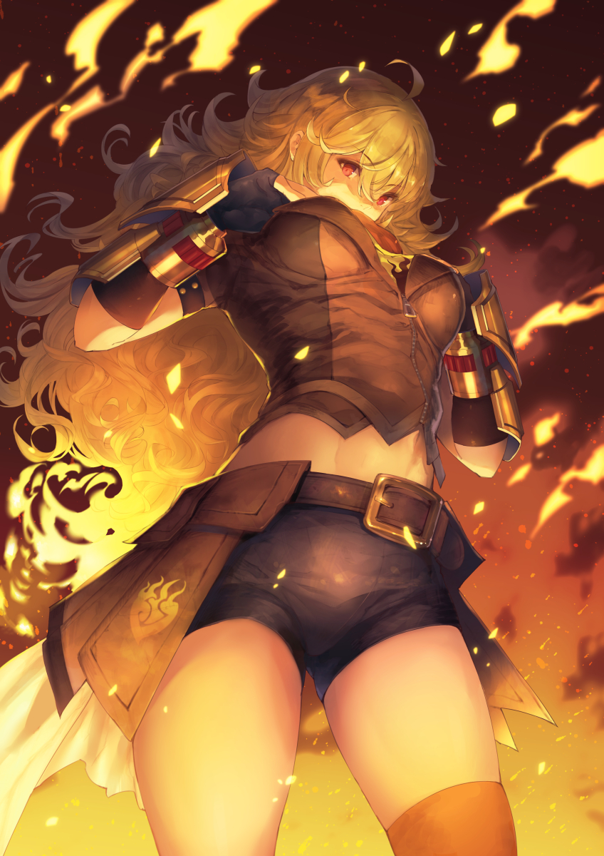 1girl ahoge belt bike_shorts black_gloves blonde_hair breasts eyebrows_visible_through_hair fingerless_gloves fire from_below gloves hands_on_own_chest highres long_hair looking_at_viewer medium_breasts orange_legwear puffy_short_sleeves puffy_sleeves red_eyes rwby ryouku short_sleeves single_thighhigh solo thigh-highs vambraces waist_cape yang_xiao_long