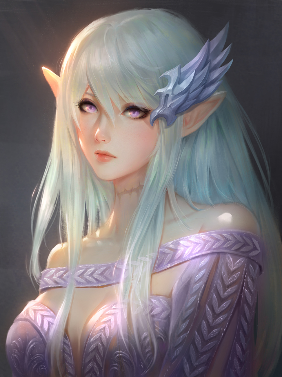 1girl aqua_hair bare_shoulders breasts cleavage closed_mouth commission elezen elf final_fantasy final_fantasy_xiv grey_background hair_ornament highres lips long_hair looking_at_viewer medium_breasts nguyen_uy_vu off_shoulder pointy_ears portrait scar simple_background solo upper_body violet_eyes