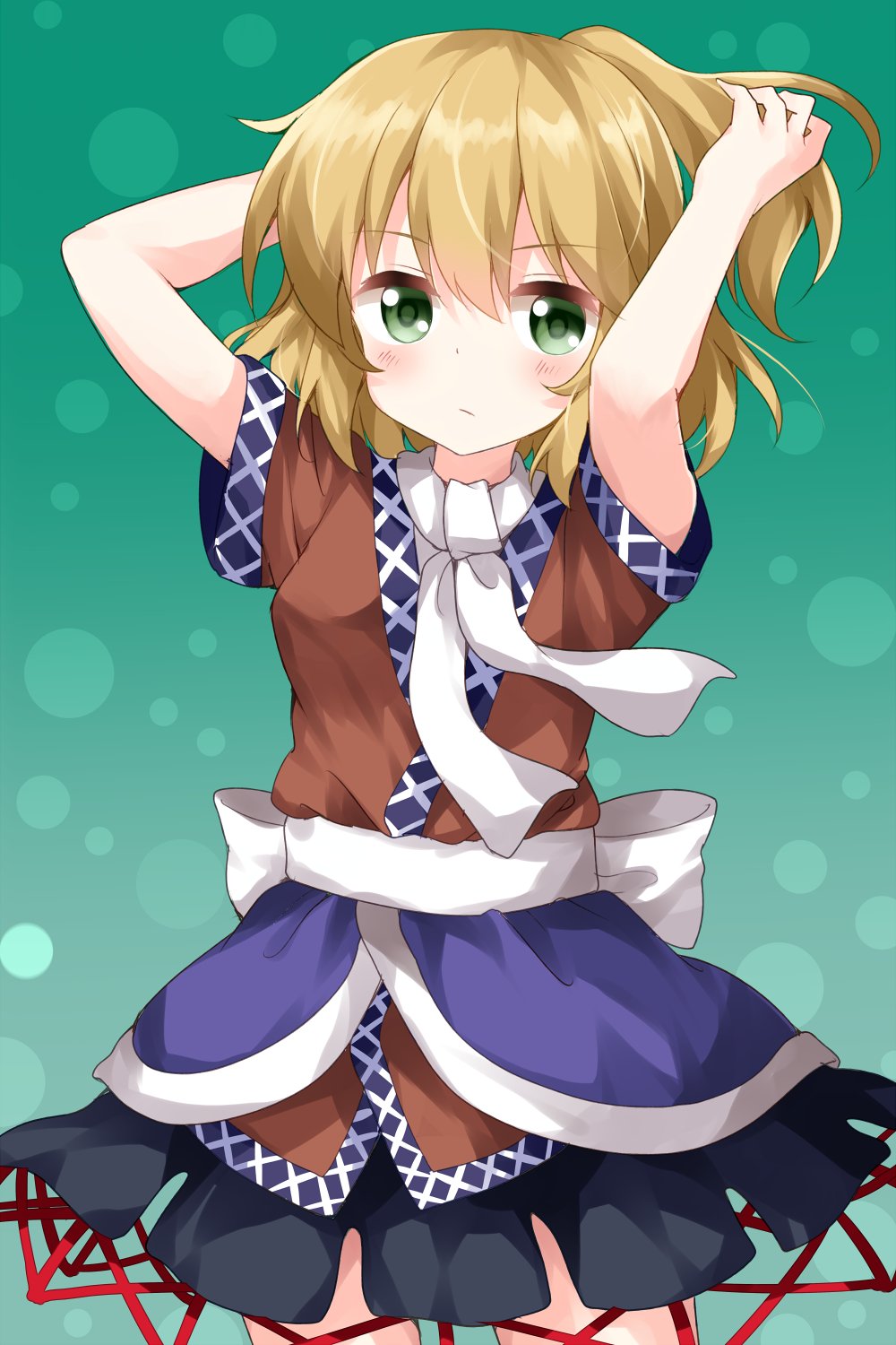 1girl arms_up bangs black_skirt blonde_hair blouse blush breasts brown_blouse circle commentary_request cowboy_shot eyebrows_visible_through_hair gradient gradient_background green_background green_eyes hair_between_eyes half_updo highres looking_at_viewer medium_breasts mizuhashi_parsee ruu_(tksymkw) sash scarf short_hair short_sleeves skirt solo standing touhou white_sash white_scarf