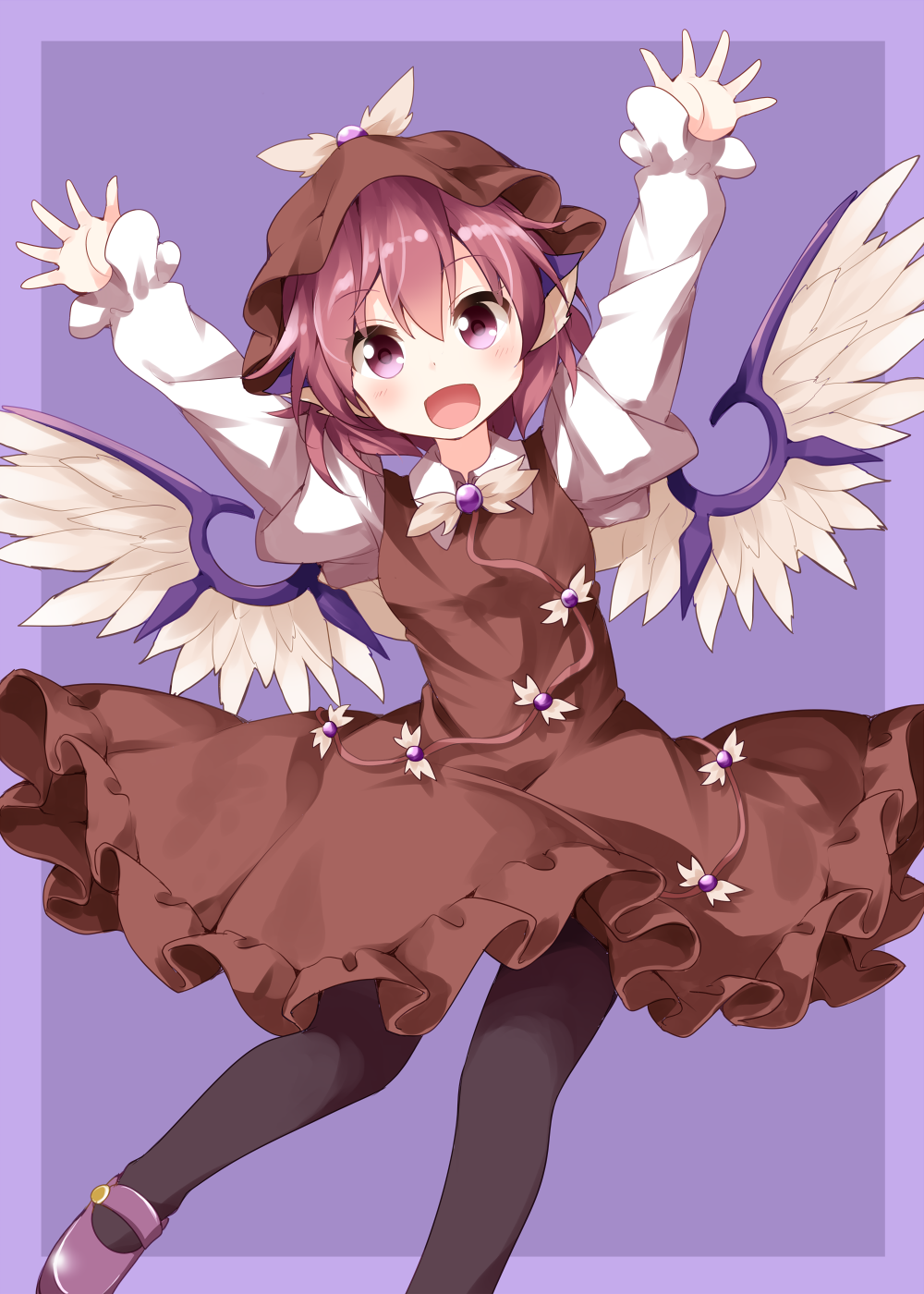 1girl :d arms_up bangs bird_wings brown_dress brown_hat dress feathered_wings frilled_sleeves frills hat highres long_sleeves looking_at_viewer mary_janes mob_cap mystia_lorelei open_mouth outstretched_arms pantyhose pink_eyes pink_hair puffy_sleeves purple_background ruu_(tksymkw) shoes short_hair simple_background smile solo touhou undershirt white_wings winged_hat wings