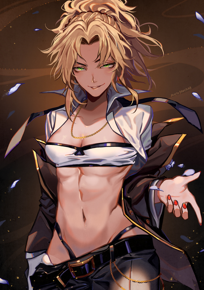 1girl artist_name bandeau belt blonde_hair breasts chain chains commentary_request dark_background fate/grand_order fate_(series) gold_chain green_eyes hand_up jacket jewelry long_sleeves looking_at_viewer loose_belt loose_pants marchab_66 medium_breasts mordred_(fate) mordred_(fate)_(all) nail_polish navel necklace open_clothes open_jacket ponytail red_nails sidelocks smile solo upper_body