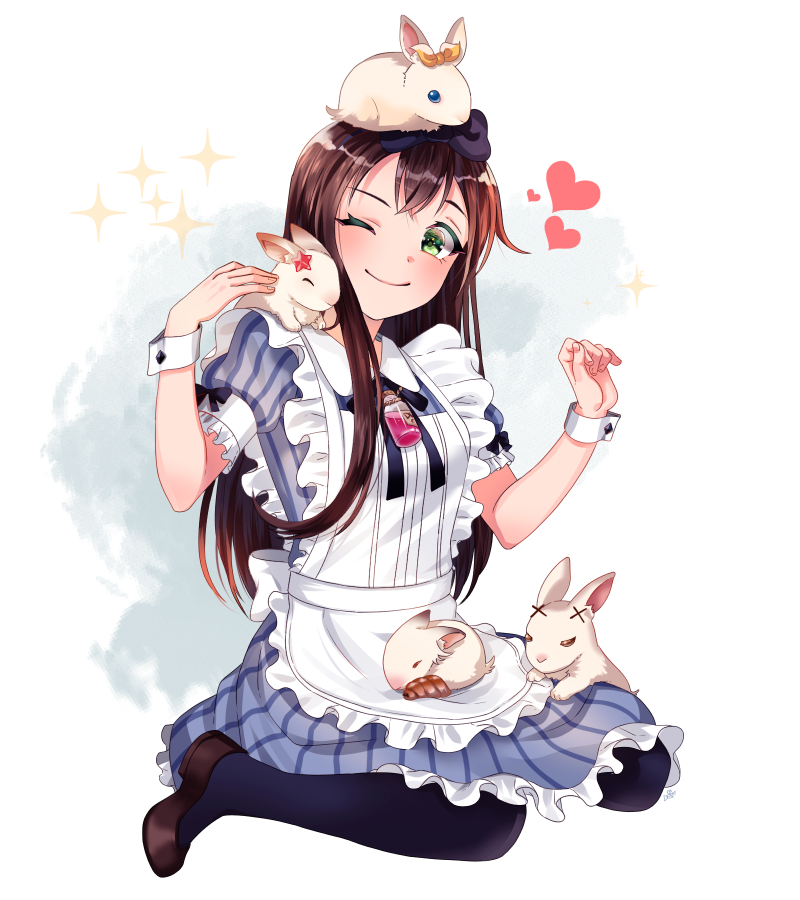 1girl ;) animal animal_on_head animal_on_lap apron bang_dream! bangs black_neckwear blue_dress bow brown_footwear brown_hair bunny_on_head bunny_on_shoulder clenched_hand commentary_request dew_(dltmf2266) dress frilled_apron frilled_dress frills green_eyes hair_bow hair_ornament hair_ribbon hairband hanazono_tae hand_up heart long_hair navy_blue_legwear neck_ribbon on_head one_eye_closed pantyhose petting rabbit ribbon shoes sitting smile solo sparkle striped vertical-striped_dress vertical_stripes vial white_apron wrist_cuffs x_hair_ornament yellow_ribbon