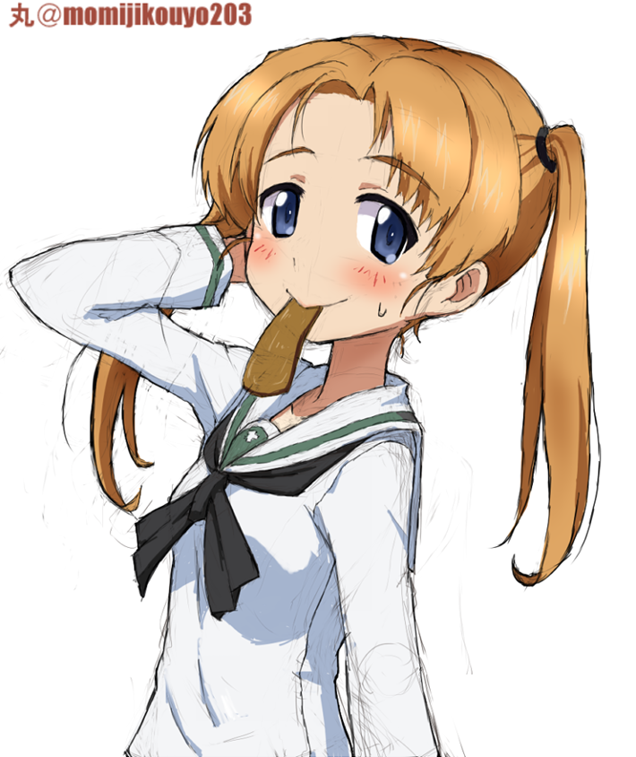 1girl alternate_hairstyle arm_behind_head arm_up artist_name bangs black_neckwear blouse blush chips closed_mouth commentary cosplay eyebrows_visible_through_hair food from_side girls_und_panzer hair_tie hand_in_hair kadotani_anzu kadotani_anzu_(cosplay) kayabakoro long_hair long_sleeves looking_at_viewer mouth_hold neckerchief ooarai_school_uniform parted_bangs potato_chips school_uniform serafuku simple_background sketch smile solo standing sweatdrop twintails twitter_username upper_body white_background white_blouse