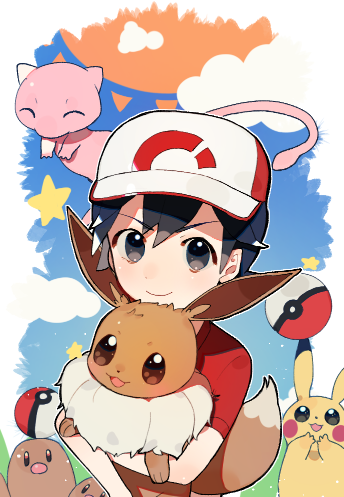 1boy baseball_cap black_eyes black_hair blue_sky carrying closed_mouth clouds creatures_(company) dugtrio eevee game_freak gen_1_pokemon grass hat kakeru_(pokemon) looking_at_viewer male_focus mew nintendo pikachu pokemon pokemon_(game) pokemon_lgpe short_sleeves sky sme star sun zumi_(neronero126)