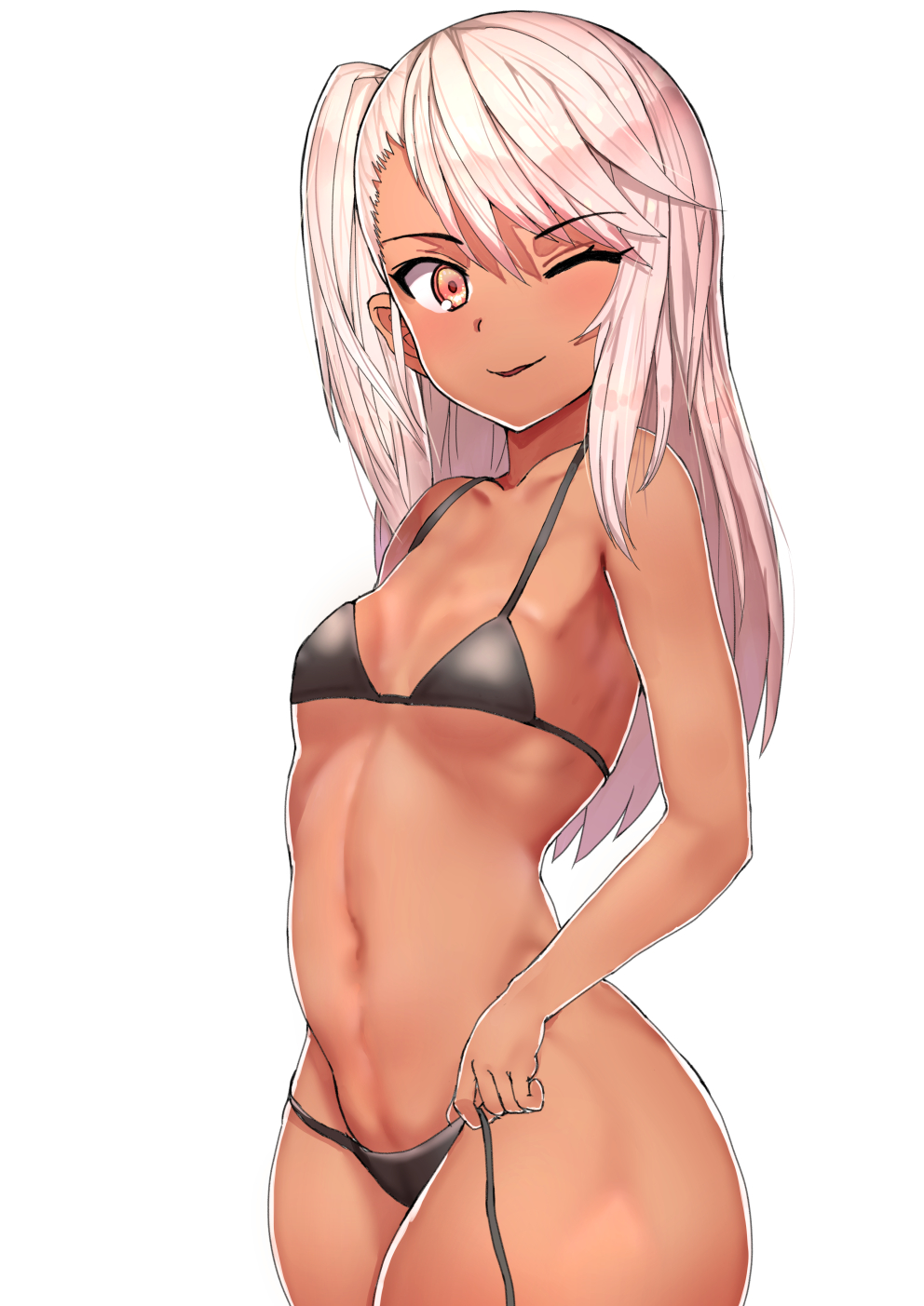 1girl bangs bare_shoulders bikini black_bikini blush breasts chloe_von_einzbern collarbone dark_skin fate/kaleid_liner_prisma_illya fate_(series) highres hips long_hair looking_at_viewer micro_bikini navel one_eye_closed one_side_up orange_eyes sidelocks sikijou77o simple_background smile swimsuit untied_bikini_bottom white_background