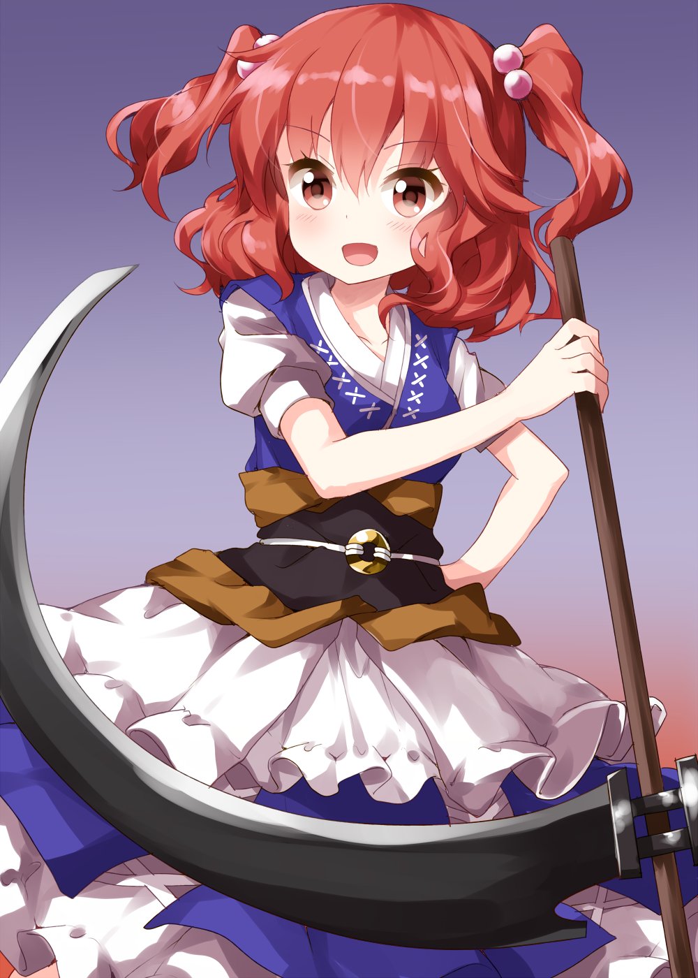 1girl :d apron bangs blue_vest breasts collarbone cowboy_shot dress eyebrows_visible_through_hair gradient gradient_background hair_between_eyes hair_bobbles hair_ornament highres holding holding_scythe holding_weapon long_hair medium_breasts obi onozuka_komachi open_mouth puffy_short_sleeves puffy_sleeves purple_background red_background red_eyes redhead ruu_(tksymkw) sash scythe short_sleeves smile solo touhou two_side_up vest waist_apron weapon white_apron