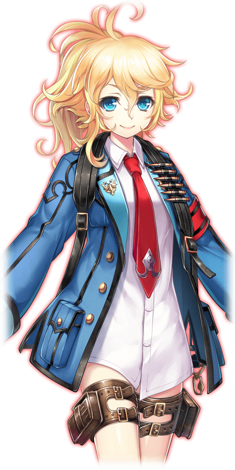 1girl ahoge blonde_hair blue_eyes blue_jacket bullet highres jacket long_sleeves necktie necro_suicide_mission official_art pocket ponytail red_neckwear shirt smile solo standing thigh_strap tiffany_heart white_shirt