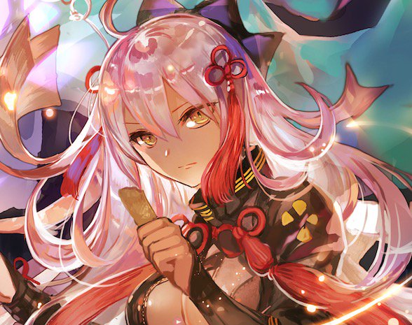 1girl ahoge arm_guards bangs black_bow black_coat bow breasts cleavage cleavage_cutout commentary_request dark_skin eyebrows_visible_through_hair fate/grand_order fate_(series) food hair_between_eyes hair_bow high_collar holding holding_food koha-ace large_breasts long_hair multicolored multicolored_background okita_souji_(alter)_(fate) okita_souji_(fate)_(all) pink_hair red_tassel rioka_(southern_blue_sky) solo tassel tied_hair yellow_eyes