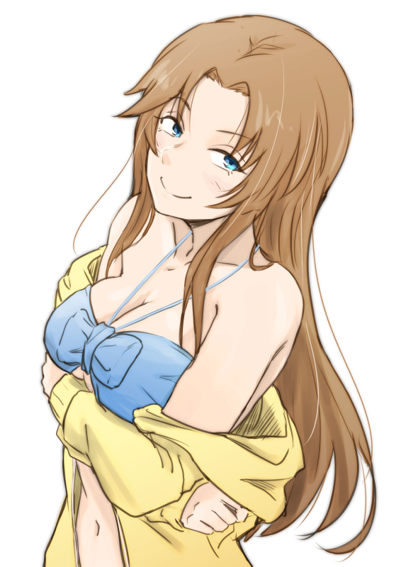 1girl blue_bikini_top blue_eyes breasts brown_hair cleavage clothes_down collarbone crossed_arms halterneck idolmaster idolmaster_cinderella_girls jacket long_hair looking_at_viewer matsumoto_sarina medium_breasts open_clothes open_jacket simple_background smile solo unu_(unucence) upper_body very_long_hair white_background yellow_jacket