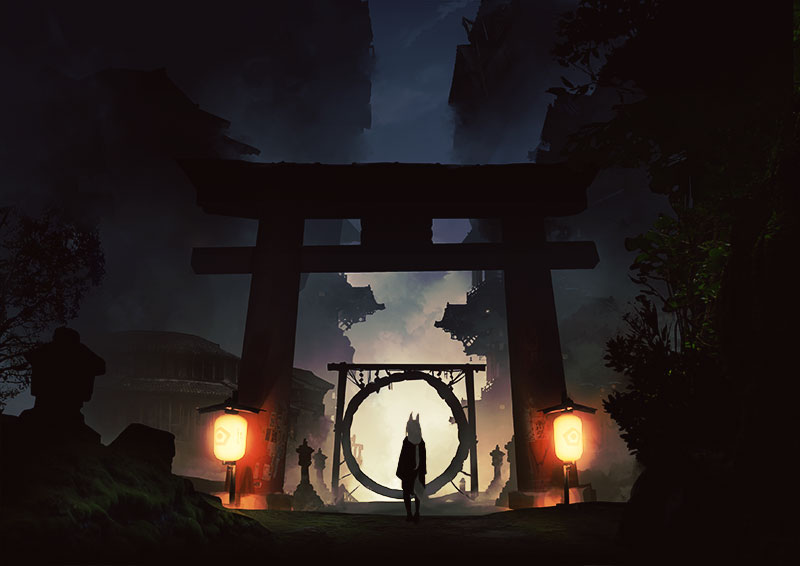 1girl animal_ears building commentary_request dark evening facing_away fox_ears fox_tail from_behind lantern long_hair low-tied_long_hair original outdoors rias-coast scenery solo standing tail torii tree white_hair wide_shot