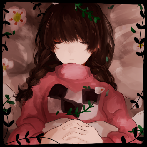 1girl braid brown_hair closed_eyes commentary_request long_hair lowres madotsuki pink_shirt shirt solo sweater twin_braids twintails yume_nikki