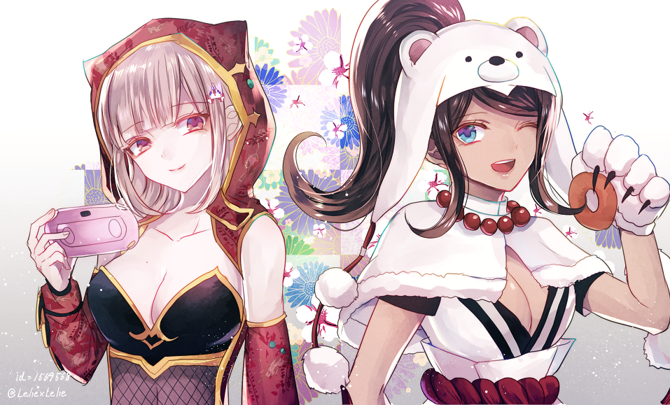 2girls ;d animal_ears animal_hood asahina_aoi bangs bear_hood black_hair blunt_bangs breasts capelet cat_ears cat_hood cleavage collarbone dangan_ronpa detached_sleeves doughnut eyebrows_visible_through_hair fake_animal_ears floating_hair food fur-trimmed_capelet fur_trim game_console gloves hair_ornament head_tilt high_ponytail holding holding_food hood jewelry long_sleeves looking_at_viewer medium_breasts multiple_girls nanami_chiaki necklace one_eye_closed open_mouth parted_bangs paw_gloves paws print_sleeves red_eyes red_hood red_sleeves short_hair sidelocks silver_hair smile strapless super_dangan_ronpa_2 twitter_username upper_body white_background white_capelet white_gloves z-epto_(chat-noir86)