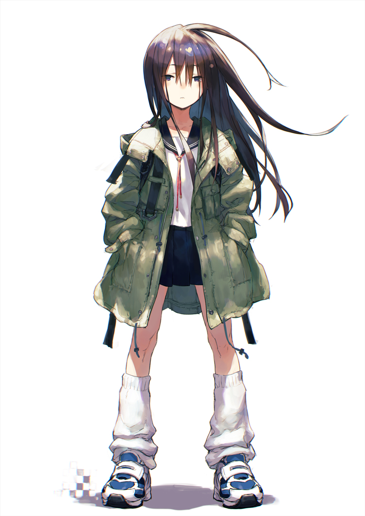 1girl bangs black_sailor_collar black_skirt closed_mouth coat commentary_request crossed_bangs drawstring expressionless full_body green_coat hair_between_eyes half-closed_eyes hands_in_pockets jiyu2 large_shoes leg_warmers long_bangs long_hair long_legs long_sleeves miniskirt open_clothes open_coat original pleated_skirt sailor_collar school_uniform serafuku shirt shoes simple_background skirt sneakers solo white_background white_shirt