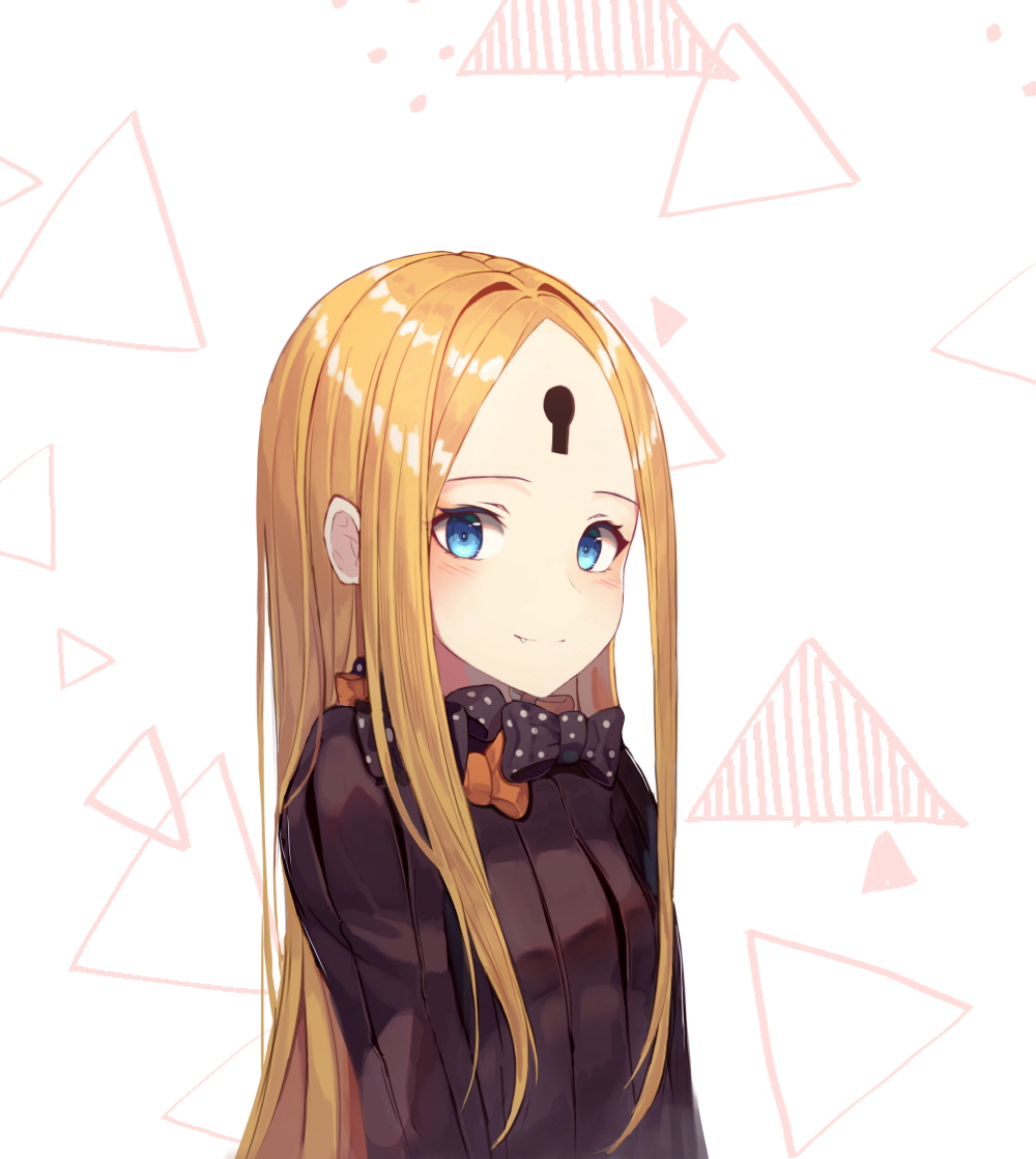 1girl abigail_williams_(fate/grand_order) bangs black_bow black_dress blonde_hair blue_eyes blush bow closed_mouth dress fang fang_out fate/grand_order fate_(series) keyhole long_hair md5_mismatch no_hat no_headwear orange_bow parted_bangs polka_dot polka_dot_bow revision simple_background smile solo sugar_(dndi888) upper_body very_long_hair white_background