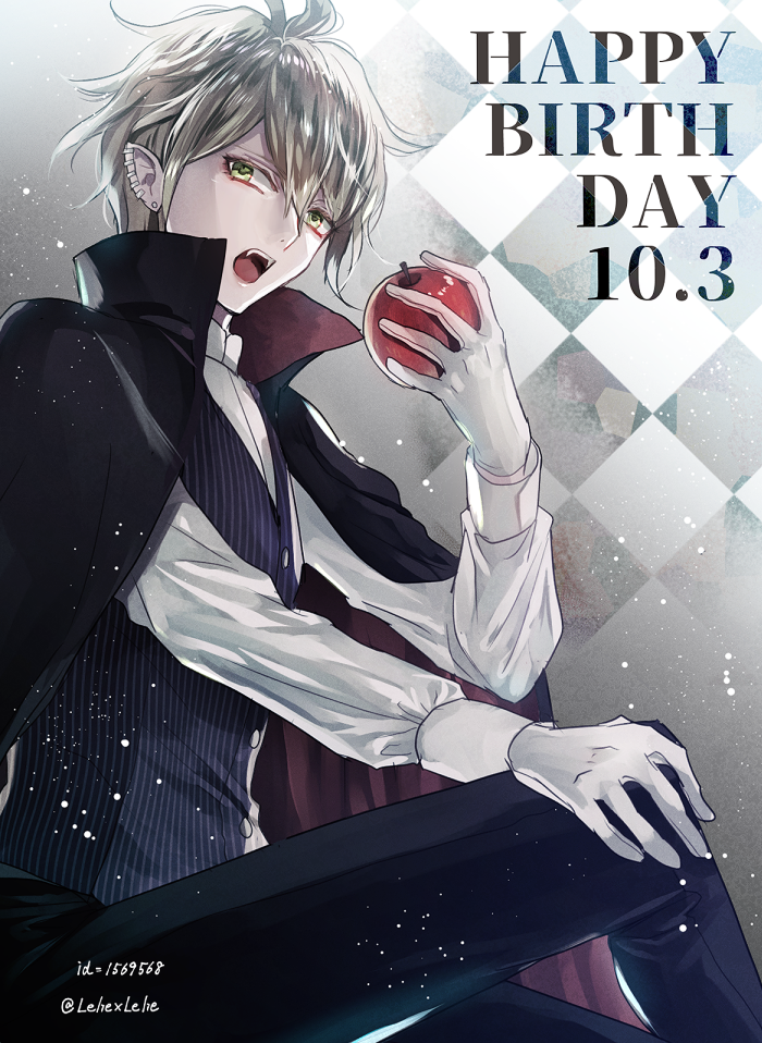 1boy amami_rantarou apple black_cape black_pants blonde_hair cape checkered checkered_background dangan_ronpa dated ear_piercing earrings fangs food fruit green_eyes hair_between_eyes hand_on_own_knee happy_birthday holding holding_food holding_fruit jewelry long_sleeves looking_at_viewer male_focus new_dangan_ronpa_v3 open_mouth pants piercing shirt solo vampire white_shirt z-epto_(chat-noir86)