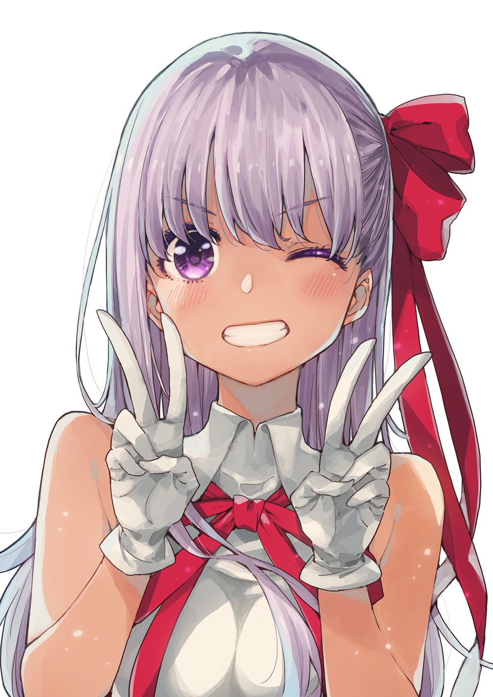 1girl bb_(fate)_(all) bb_(fate/extra_ccc) blush breasts double_v fate/extra fate/extra_ccc fate/grand_order fate_(series) gloves hair_ribbon highres imigimuru large_breasts long_hair neck_ribbon one_eye_closed purple_hair red_ribbon ribbon smile v very_long_hair violet_eyes white_gloves